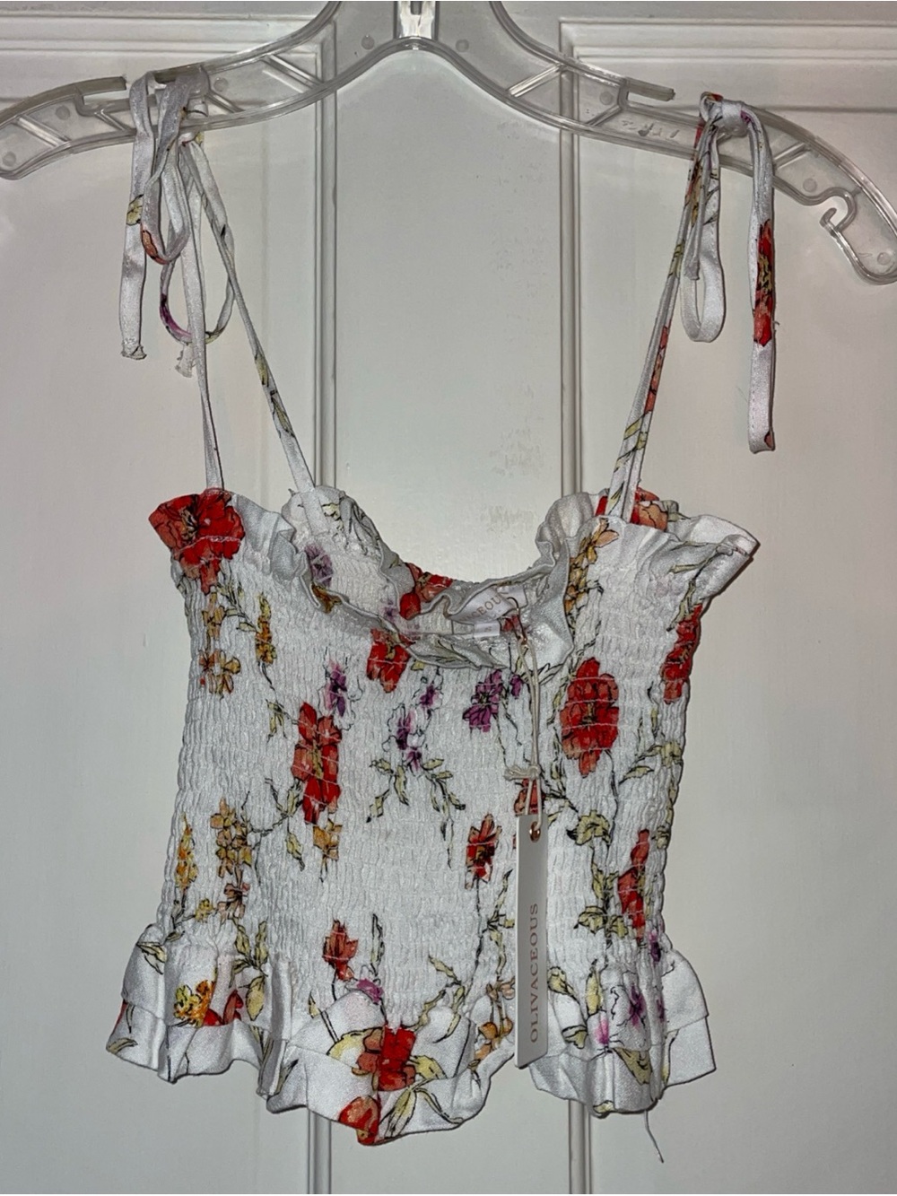 NWT Olivaceous Floral Smocked Tie Strap Crop Top